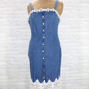 HAND CRAFTED Dress Denim Upcycled Lace Bridal Bodycon Blue Jean Stretch Small